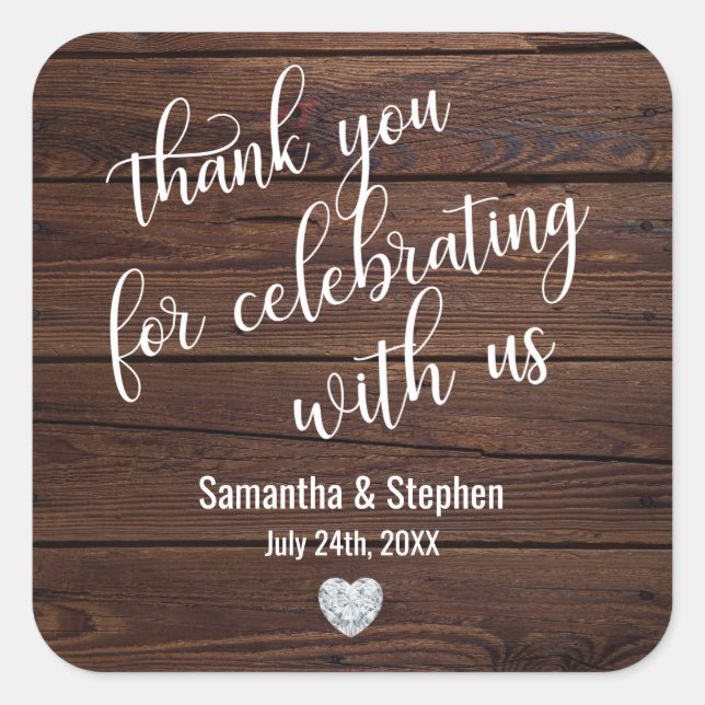 Personalized Rustic Wood Heart Thank You Wedding Square Sticker (Front)