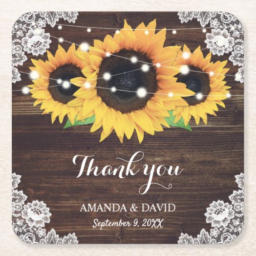 Personalized Rustic Wood Lace Sunflower Wedding Square Paper Coaster
