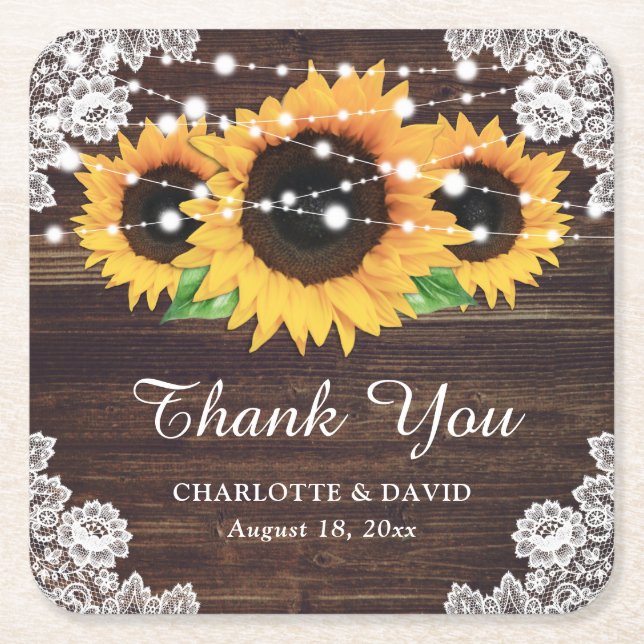 Personalized Rustic Wood Lace Sunflower Wedding Square Paper Coaster (Front)