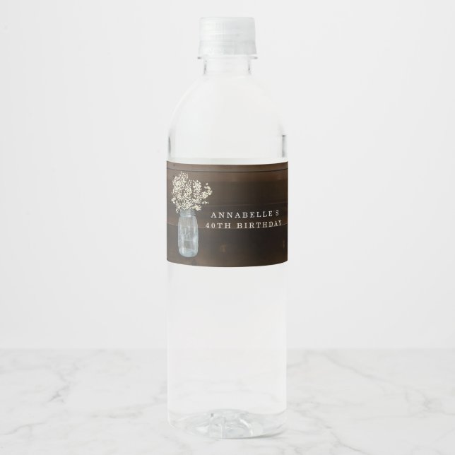 Personalized Rustic Wood Mason Jar Birthday Party Water Bottle Label (Front)