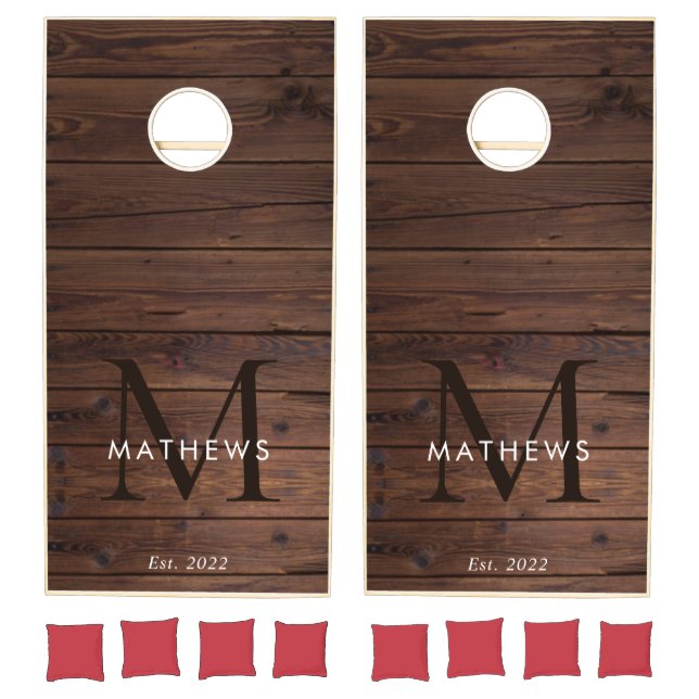 Personalized Rustic Wood Modern Monogram Cornhole Set (Set)