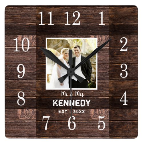 Personalized Rustic Wood Photo Wedding Anniversary Square Wall Clock