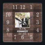 Personalized Rustic Wood Photo Wedding Anniversary Square Wall Clock<br><div class="desc">Wedding clocks to personalize with the couple's photo and last name. The rustic wood background adds a country chic look. A great gift for weddings, anniversaries,  and new home housewarming .</div>