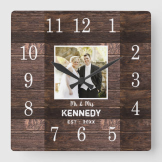Personalized Rustic Wood Photo Wedding Anniversary Square Wall Clock