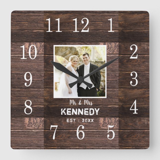 Personalized Rustic Wood Photo Wedding Anniversary Square Wall Clock (Front)