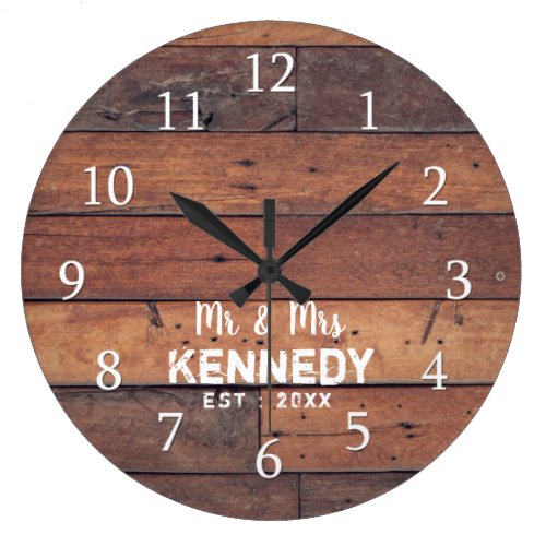 Personalized Rustic Wood Plank Farmhouse Mr &amp; Mrs Large Clock