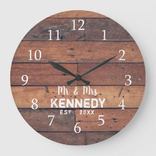 Personalized Rustic Wood Plank Farmhouse Mr & Mrs Large Clock
