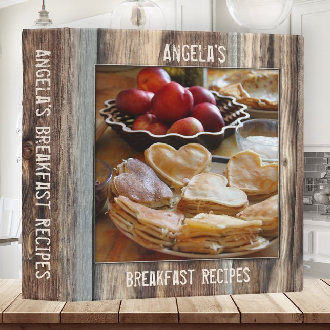 Personalized Rustic Wood Style Recipe Binder (Rustic breakfast recipe binder featuring your own photo framed by weathered wood )