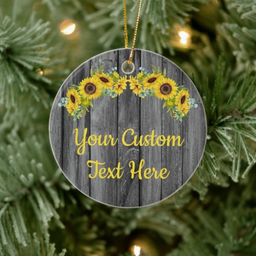 Personalized Rustic Wood Sunflower Custom Text Cer Ceramic Ornament