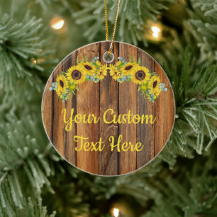 Personalized Rustic Wood Sunflower Custom Text Ceramic Ornament