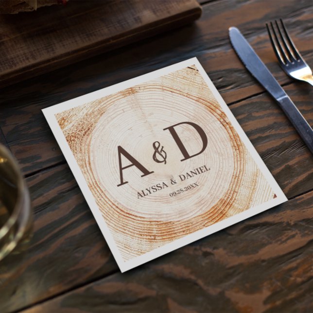 Personalized Rustic wood tree Monogram Wedding Napkins (Personalized monogram rustic wood wedding napkins. Customizable initials, names and wedding date)