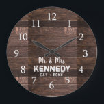 Personalized Rustic Wood Wedding Anniversary Large Clock<br><div class="desc">Wedding clocks to personalize with new couple last name. The rustic wood background adds a country chic look. A great gift for weddings and new home housewarming, </div>