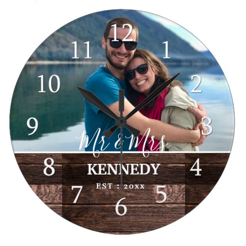 Personalized Rustic Wood Wedding Anniversary Photo Large Clock