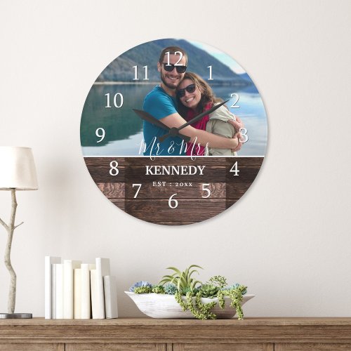 Personalized Rustic Wood Wedding Anniversary Photo Large Clock