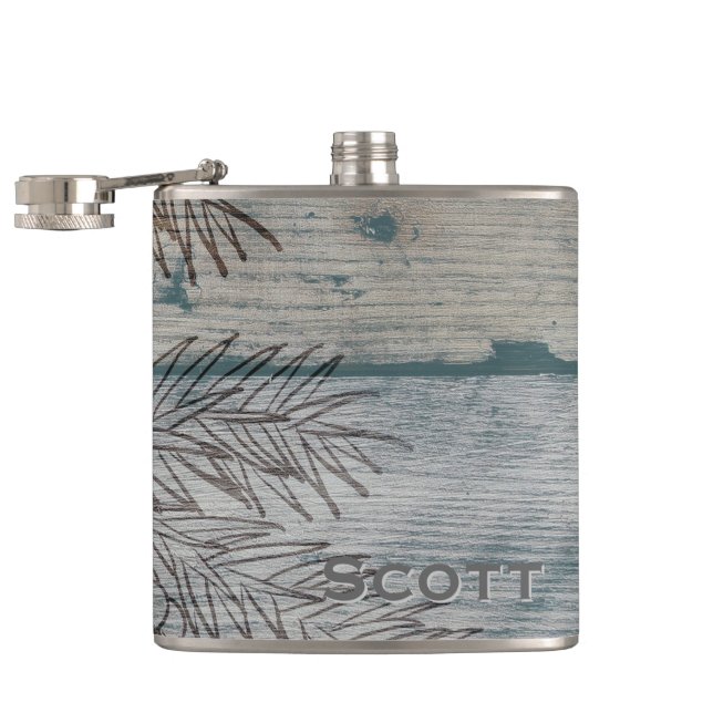 Personalized | Rustic Wood Winter Pine Tree Branch Flask (Opened)