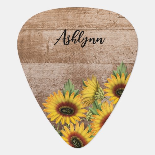 Personalized Rustic Wood Yellow Sunflowers Guitar Pick