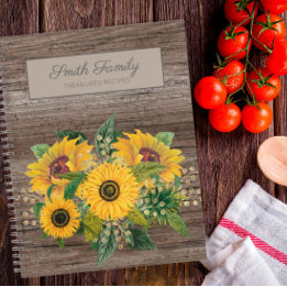 Personalized Rustic Wood Yellow Sunflowers Recipe Notebook