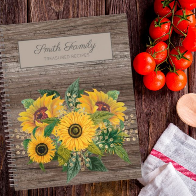 Personalized Rustic Wood Yellow Sunflowers Recipe Notebook (Creator Uploaded)