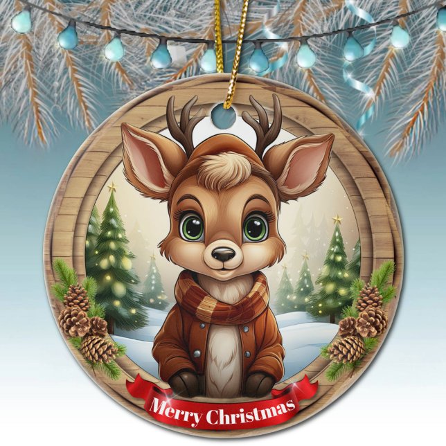 Personalized Rustic Xmas Pine Wood Decor  Ceramic Ceramic Ornament (Personalized Rustic Xmas Pine Wood Decor. Framed Wooden Pinecone Custom Deer Holiday Decoration 🦌🎄)