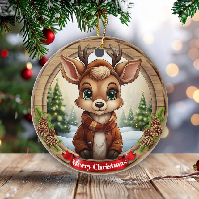 Personalized Rustic Xmas Pine Wood Decor 🦌🎄 Ceramic Ornament (Personalized Rustic Xmas Pine Wood Decor. Framed Wooden Pinecone Custom Deer Holiday Decoration 🦌🎄)