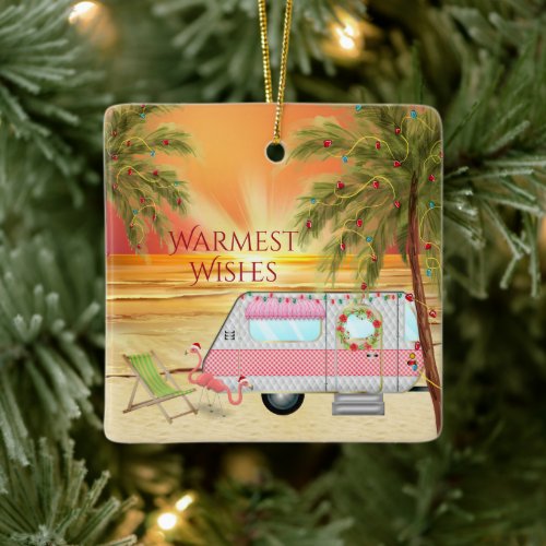 Personalized RV Camper Beach Christmas Ceramic Ornament