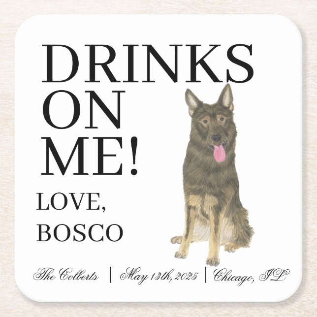 Personalized Sable German Shepherd Wedding Square Paper Coaster (Front)