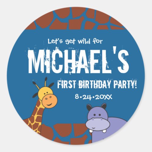 Personalized Safari 1st Birthday blue background Classic Round Sticker