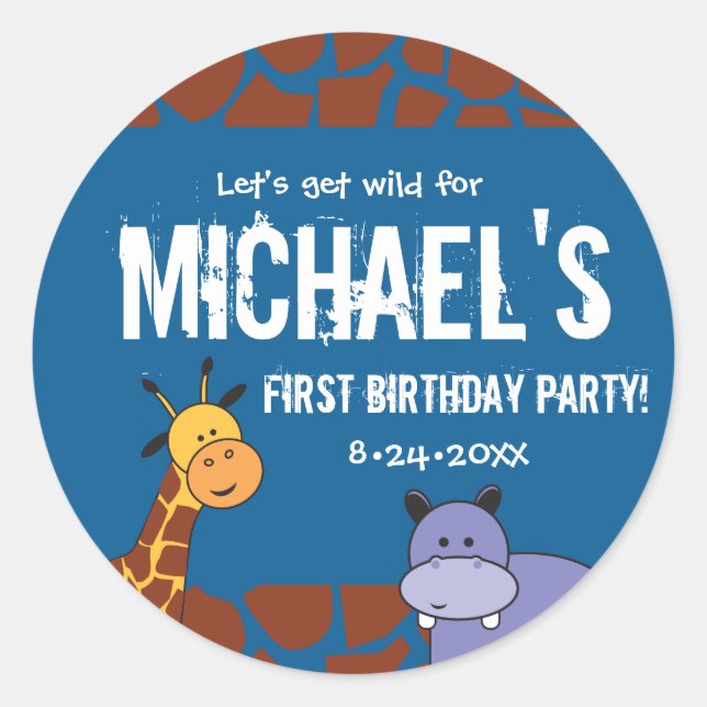 Personalized Safari 1st Birthday blue background Classic Round Sticker (Front)