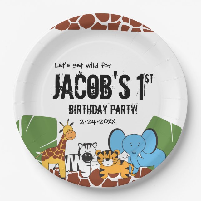 Personalized Safari 1st Birthday party Paper Plates (Front)