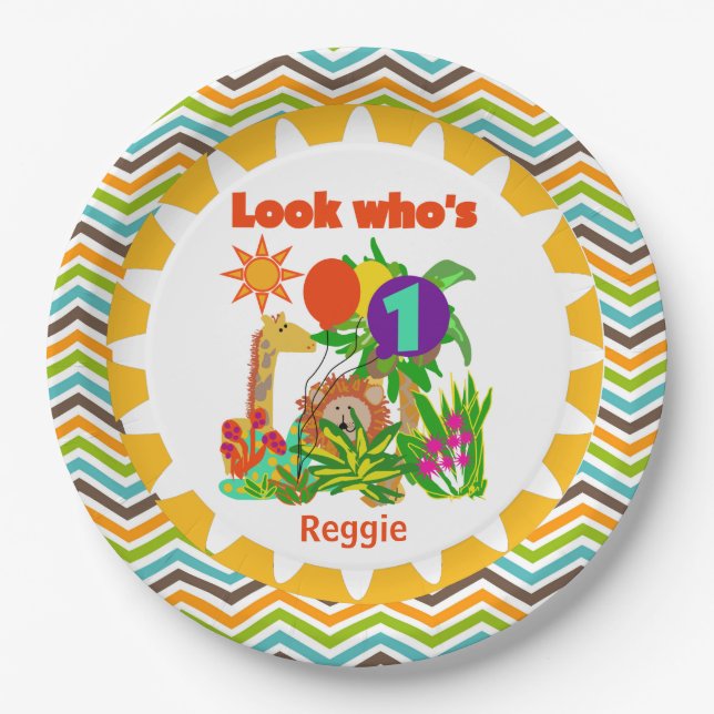 Personalized Safari 1st Happy Birthday Paper Plates (Front)