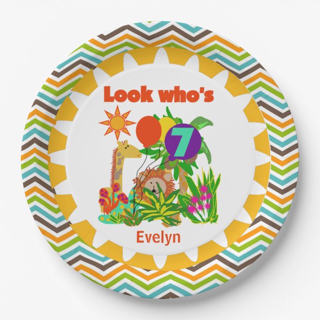 Personalized Safari 7th Birthday Paper Plates (Front)