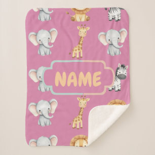 Personalized Safari Animal Cute Pastel Nursery Sherpa Blanket