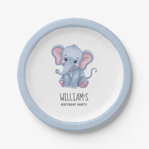 Personalized Safari Animal Elephant White Blue Paper Plates