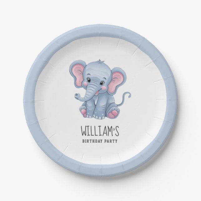 Personalized Safari Animal Elephant White Blue     Paper Plates (Front)