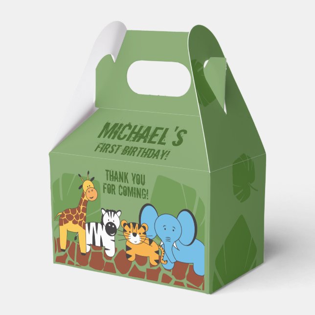 Personalized Safari Animal First Birthday Party Favor Boxes (Back Side)