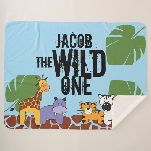 Personalized Safari Animal Illustration Wild One Sherpa Blanket