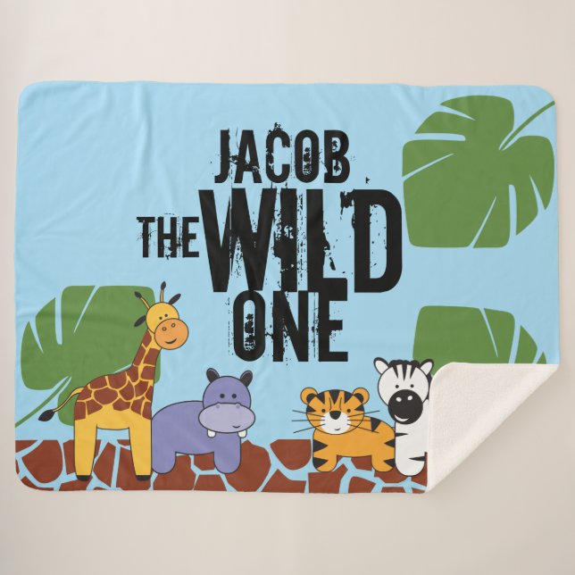 Personalized Safari Animal Illustration Wild One Sherpa Blanket (Front (Horizontal))