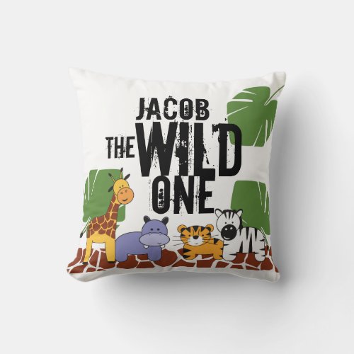 Personalized Safari Animal illustration Wild One Throw Pillow