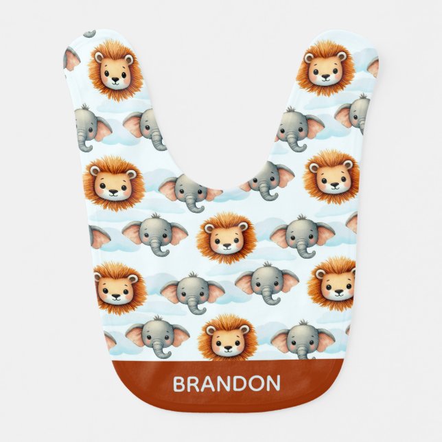 Personalized Safari Animal Pastel Lion Elephant Baby Bib (Front)