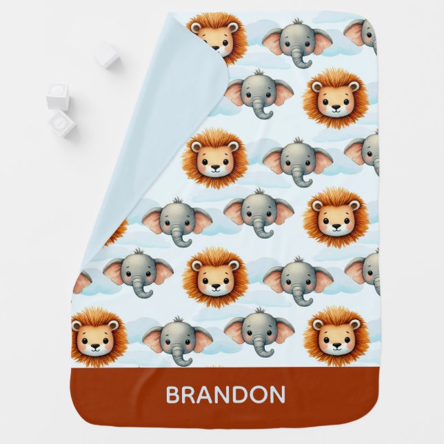 Personalized Safari Animal Pastel Lion Elephant Baby Blanket (In Situ)