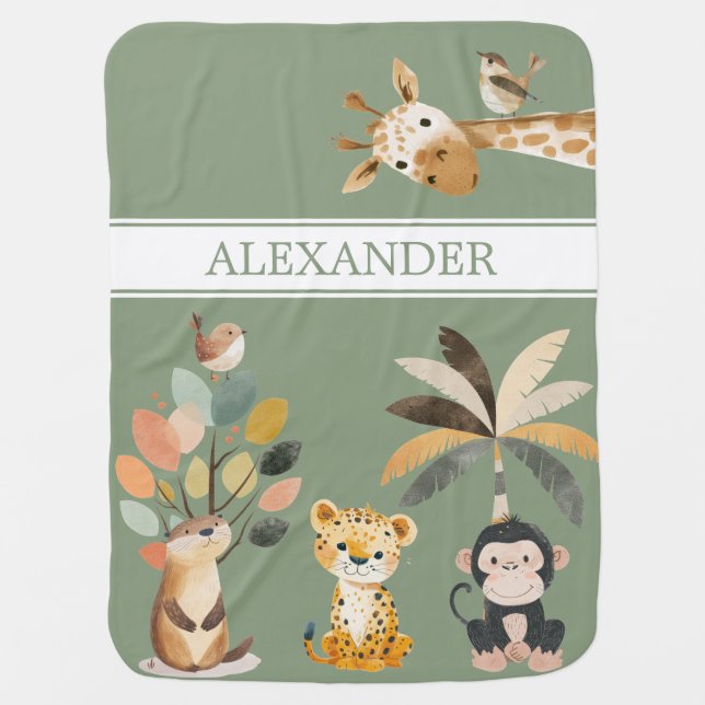 Personalized Safari Animals Baby Blanket (Front)