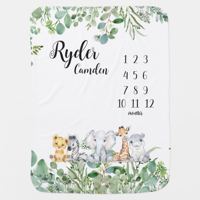 Personalized Safari Animals Baby Milestone Blanket (Front)