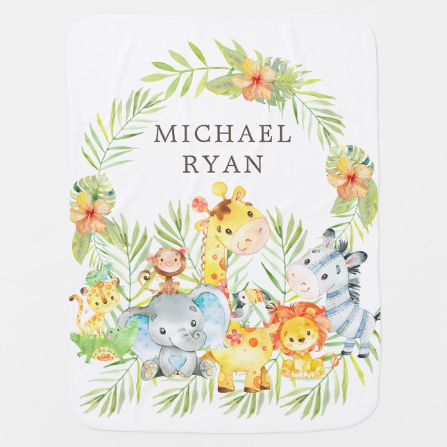 Personalized Safari Animals Boys Receiving Blanket (Front)