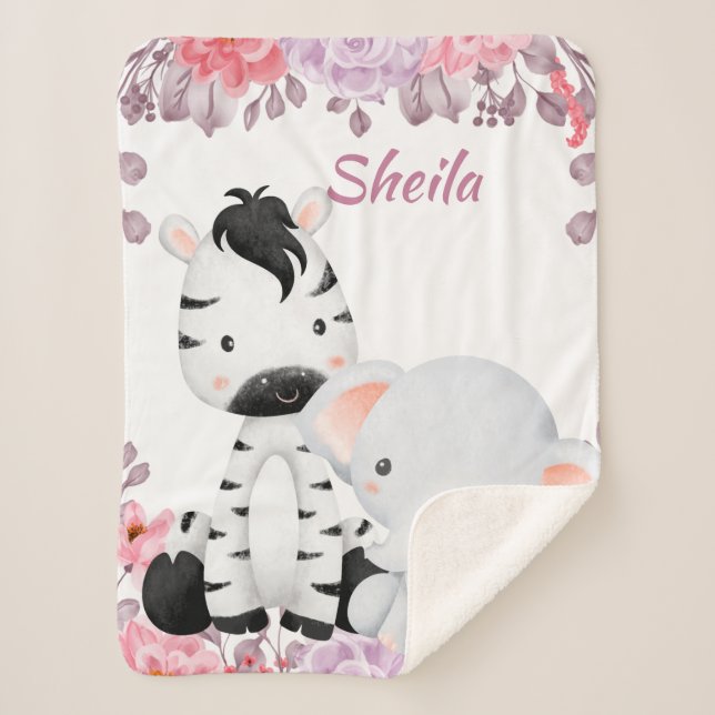 Personalized Safari Animals Girl Baby Blanket (Front)