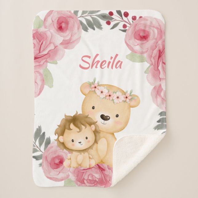 Personalized Safari Animals Girl Baby Blanket (Front)