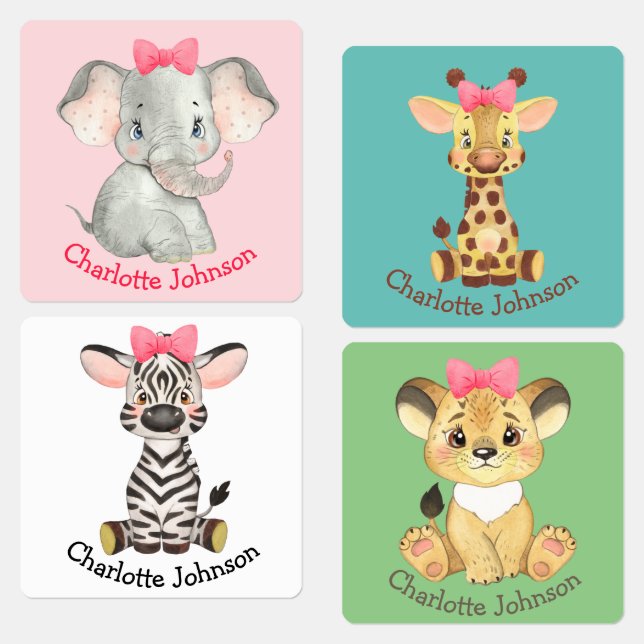 Personalized Safari Animals Girl Name Kids' Labels (Group)