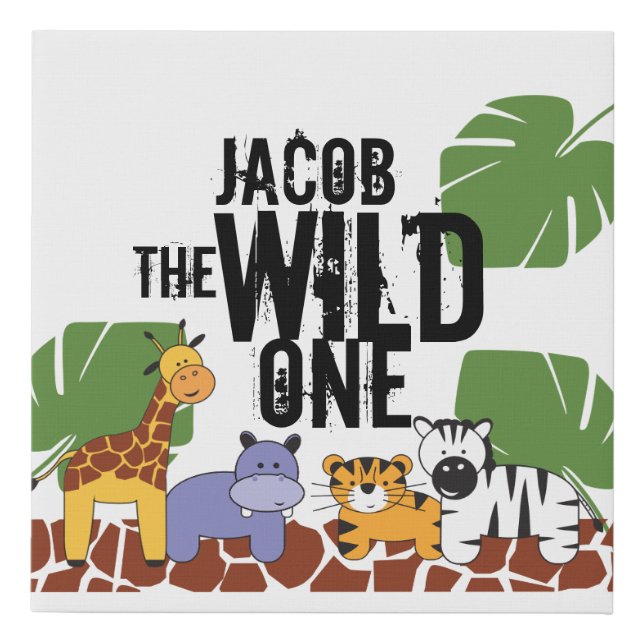Personalized Safari Animals Illustration Wild One Faux Canvas Print (Front)