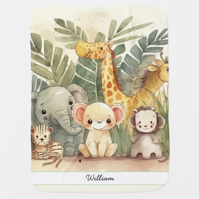 Personalized Safari Jungle Animals Baby Blanket (Front)