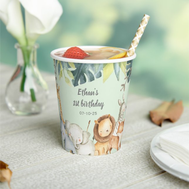 Personalized safari jungle animals mint birthday paper cups (Insitu)