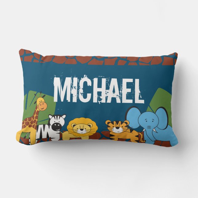 Personalized, Safari, Jungle Animals, navy blue Lumbar Pillow (Front)